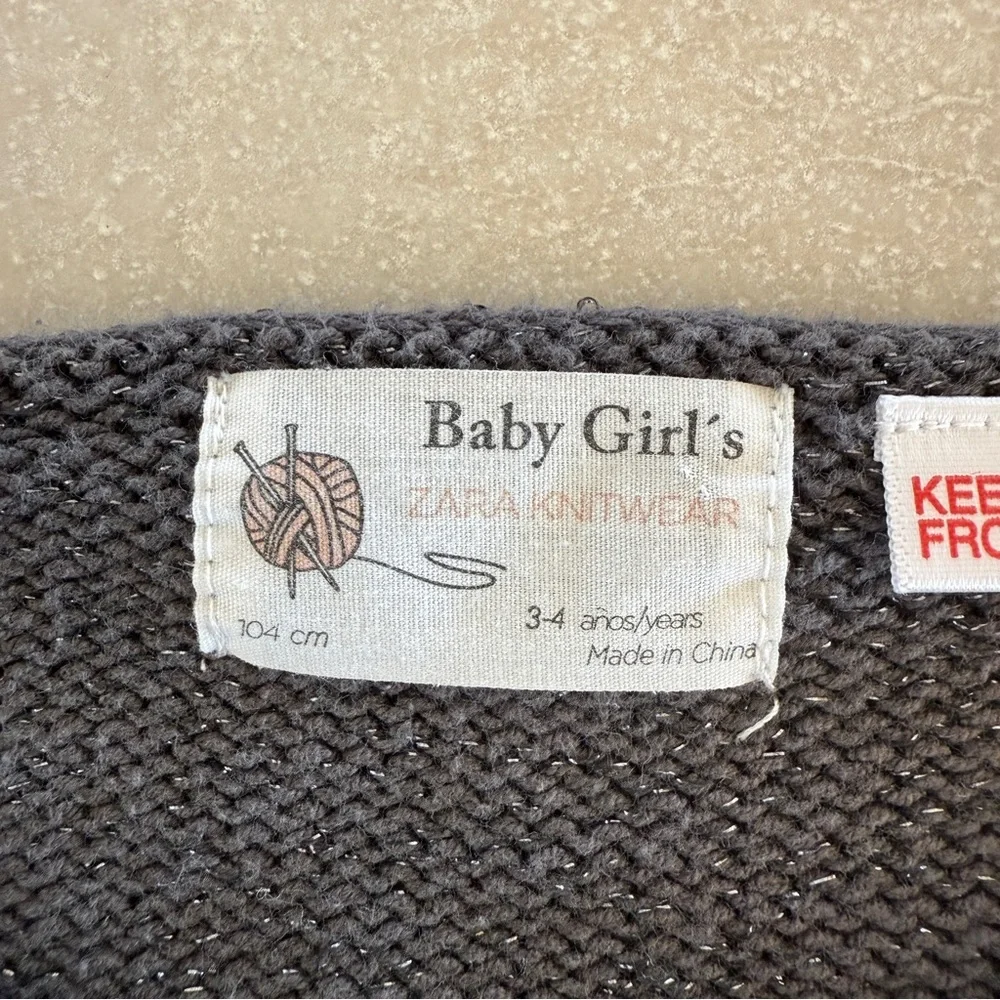 Zara Girls Charcoal Gray Metallic Knit Cardigan 3-4Y Button Front